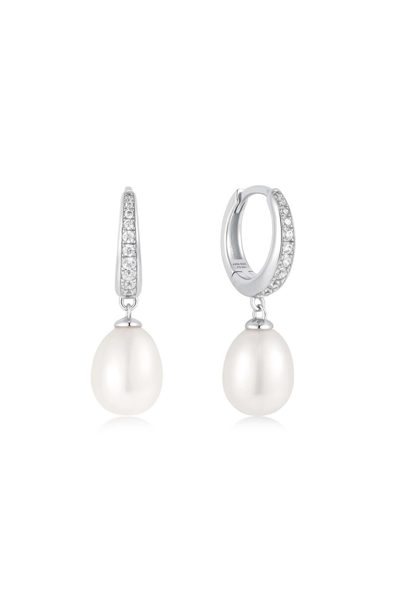 Silver Pearl Zirconia Drop Hoops