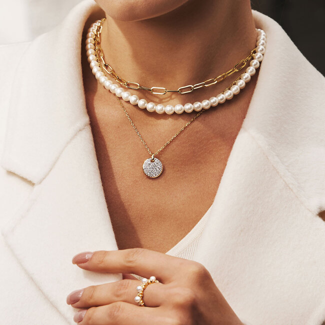 Bicolor pavé schijfketting met zirkonia 50 cm