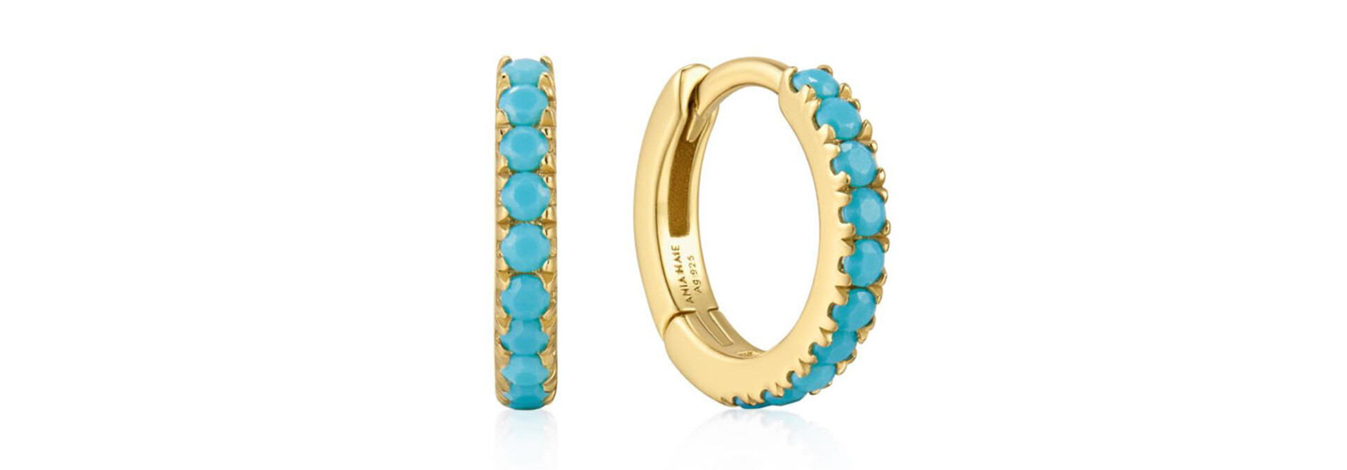 Gold AquaBlue Row Hug. Hoop Earring