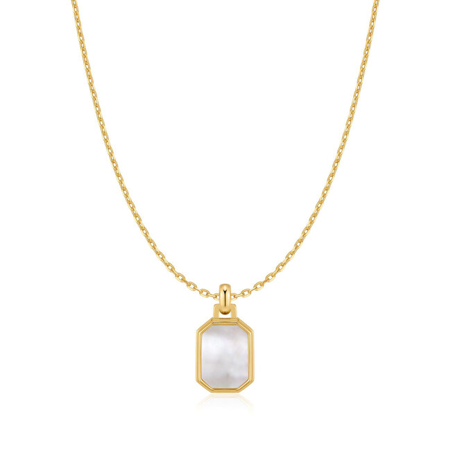 Goudvergulde rechthoekige schakelketting met een schelpparel 48 cm