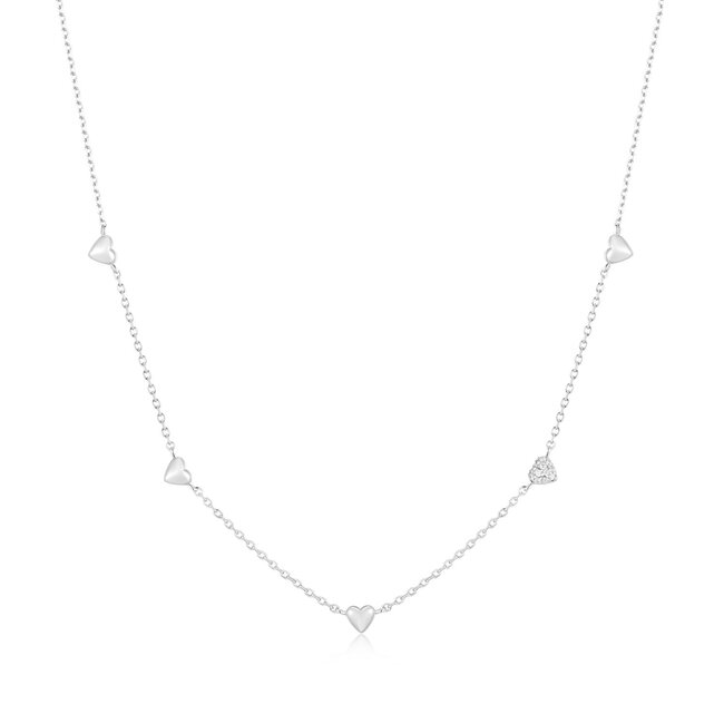 Zilveren hartvormige schakelketting met zirkonia steentjes 45 cm