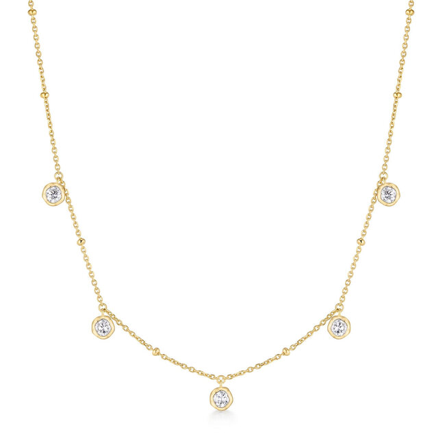 Goudvergulde bungelende schakelketting met zirkonia steentjes 48 cm