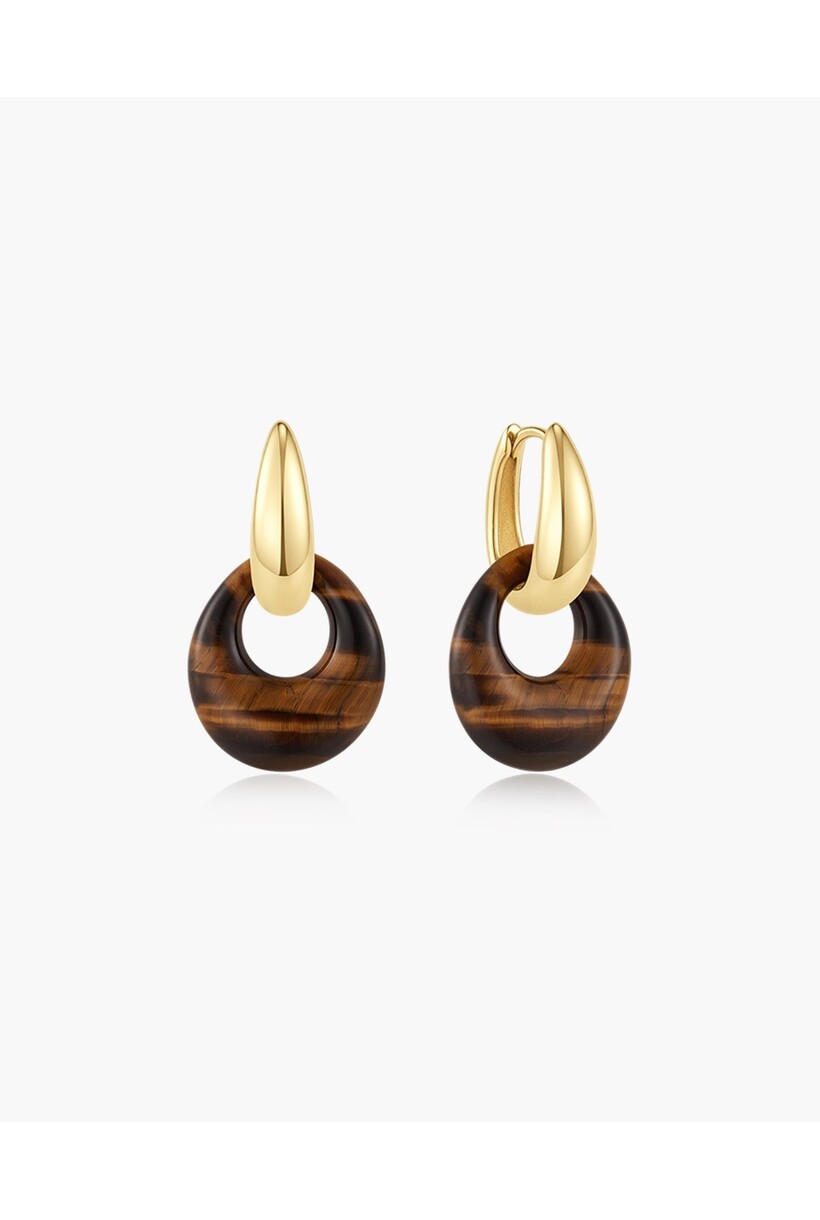 Oorhangers met tijgeroog in kiezelvorm goudverguld 28 mm
