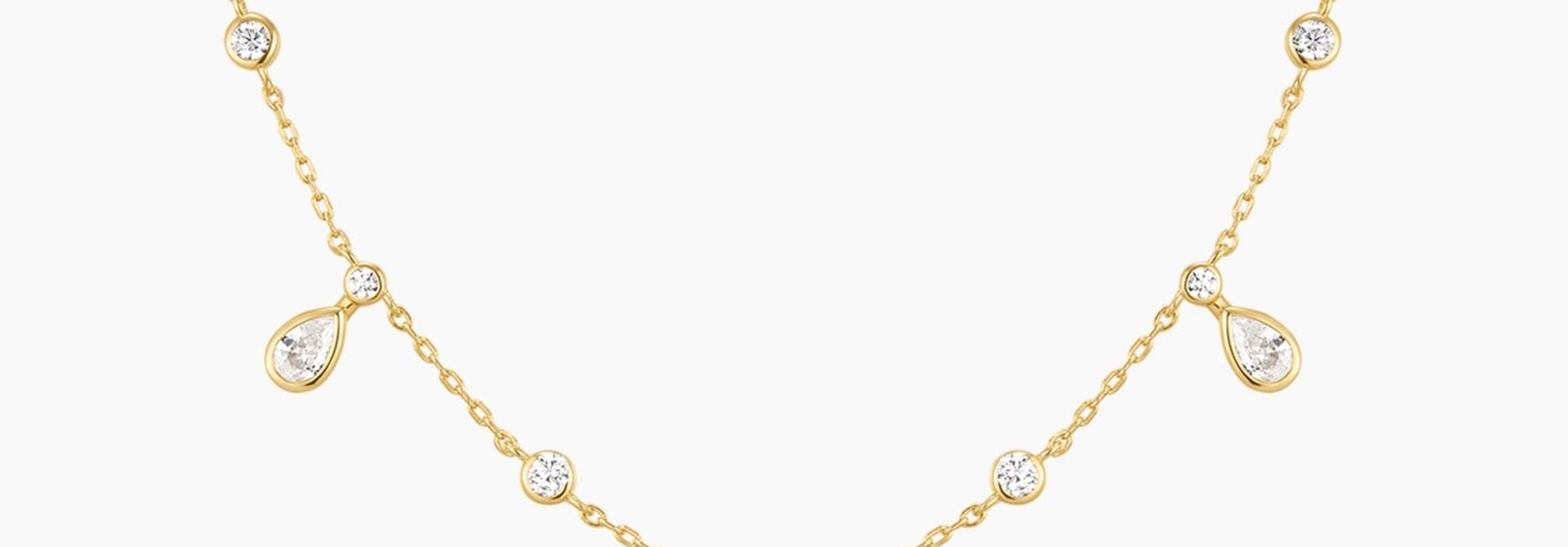 Goudvergulde stationketting met ronde en druppelvormige zirkonia 45,5 cm