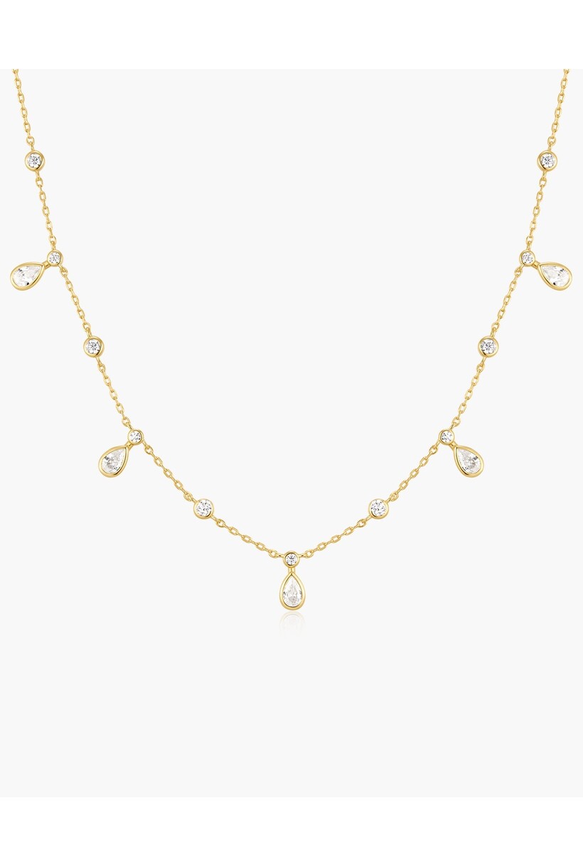 Stationketting met ronde en druppelvormige zirkonia goudverguld 45,5 cm