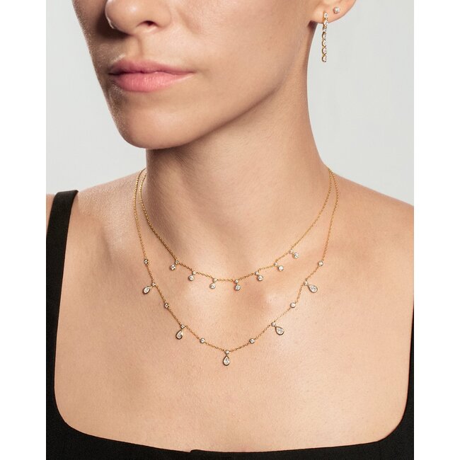 Goudvergulde stationketting met ronde en druppelvormige zirkonia 45,5 cm