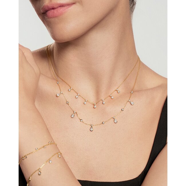 Goudvergulde stationketting met ronde en druppelvormige zirkonia 45,5 cm