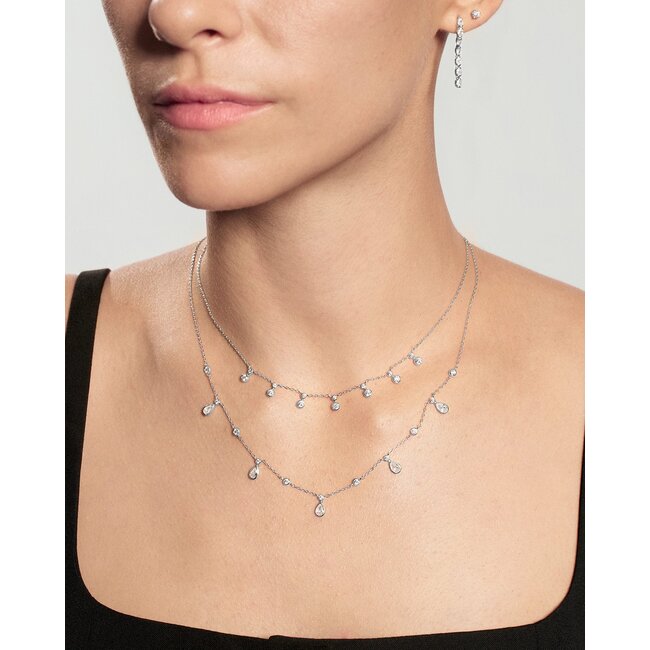 Zilveren stationketting met ronde en druppelvormige zirkonia 45,5 cm