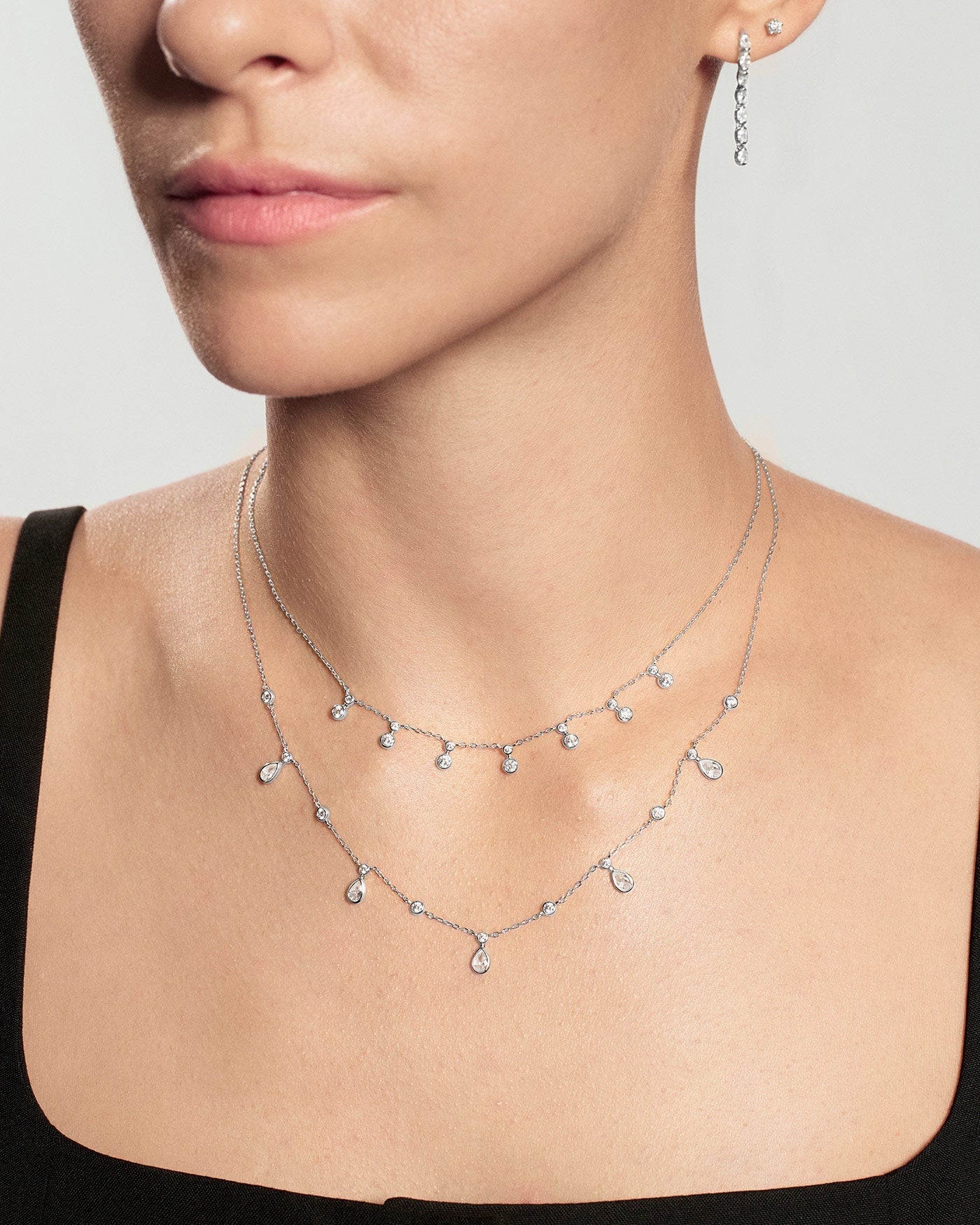 Zilveren stationketting met ronde en druppelvormige zirkonia 45,5 cm-2