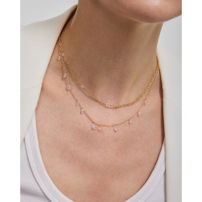 Goudvergulde stationketting met druppelvormige zirkonia 45 cm