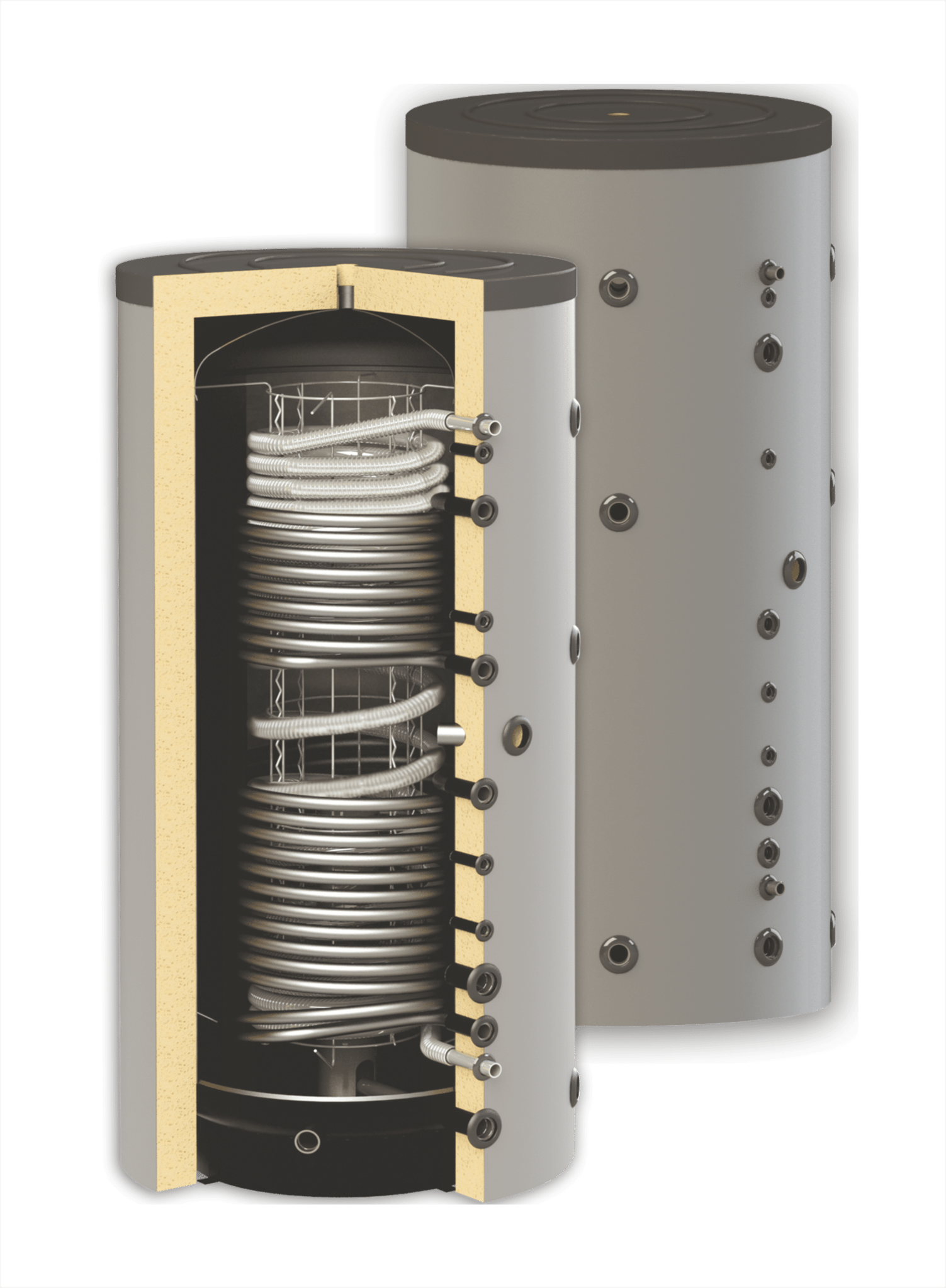 Komplettes Solarboiler-Set - 3x 30HP + Pufferspeicher 1000L mit 1 Trinkwasserregister und 2 Wärmetauscher