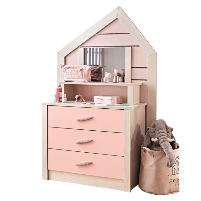 Cento Pink commode ladekast huisje met spiegel meisjeskamer Cento Pink commode ladekast huisje met spiegel meisjeskamer