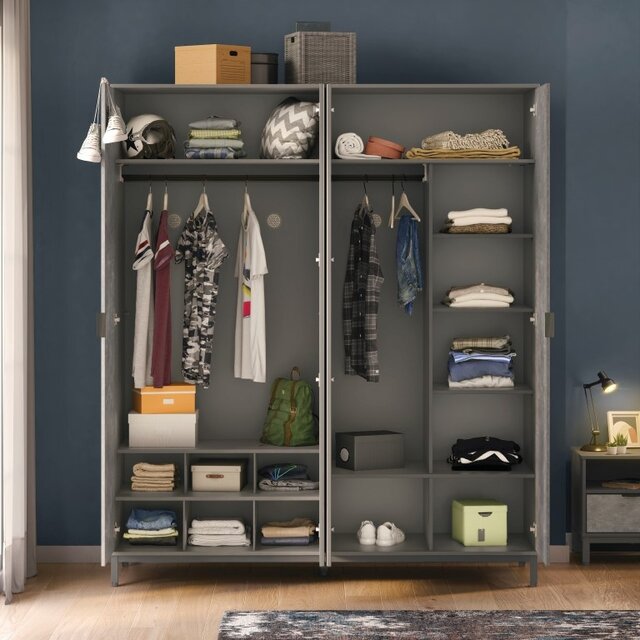 Cilek Space Gray 4-deurs kledingkast met spiegels tienerkamer Cilek Space Gray 4-deurs kledingkast met spiegels tienerkamer