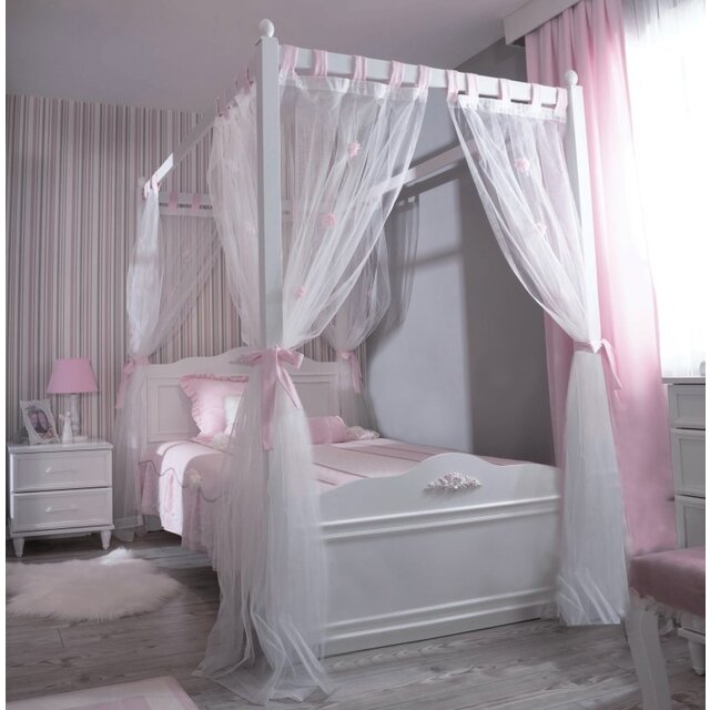 Wit hemelbed Sofia 90 x 200  meisjesbed incl. gordijn en lattenbodem Wit hemelbed Sofia 90 x 200  meisjesbed incl. gordijn en lattenbodem