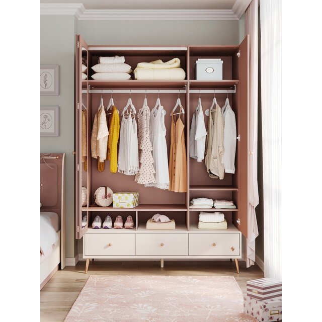 Elegance roze kinderkamer kledingkast 3-deurs met leg- en hanggedeelte