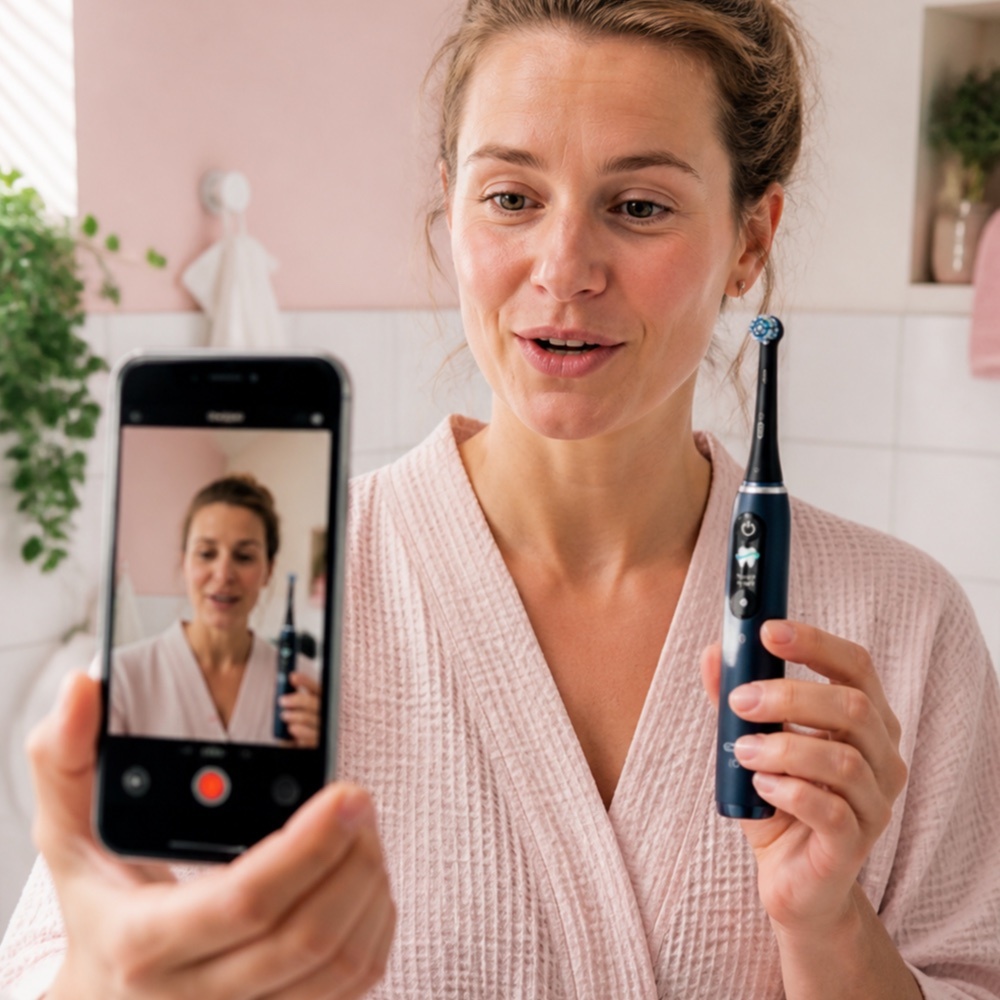 Klant filmt een videoreview met een Oral-B iO 9