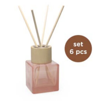 Set/6 kubus MAGNOLIA glazen flesjes met NATUREL  top + geurstokjes