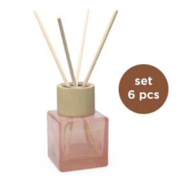 Set/6 kubus MAGNOLIA glazen flesjes met NATUREL  top + geurstokjes