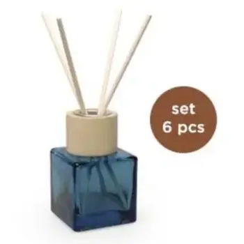 Set/6 kubus SILVER BLUE glazen flesjes met NATUREL top + geurstokjes