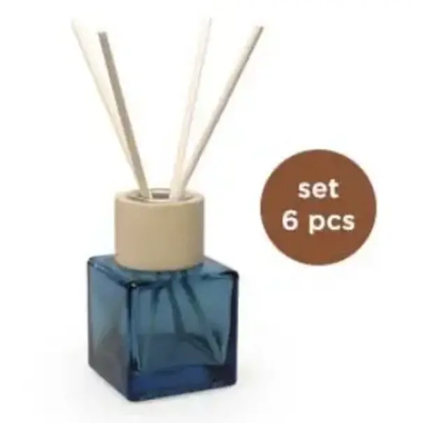 Set/6 kubus SILVER BLUE glazen flesjes met NATUREL top + geurstokjes