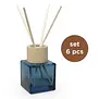 Set/6 kubus SILVER BLUE glazen flesjes met NATUREL top + geurstokjes