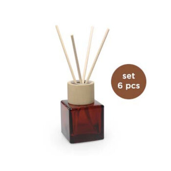 Set/6 kubus TERRA glazen flesjes met HOUTEN top + geurstokjes