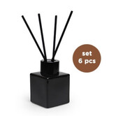 Set/6 kubus ZWARTE glazen flesjes met ZWARTE top + geurstokjes