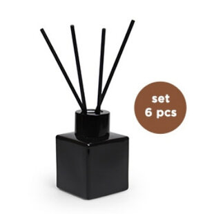 Set/6 kubus ZWARTE glazen flesjes met ZWARTE top + geurstokjes