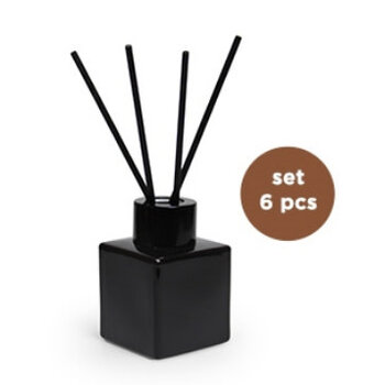 Set/6 kubus ZWARTE glazen flesjes met ZWARTE top + geurstokjes
