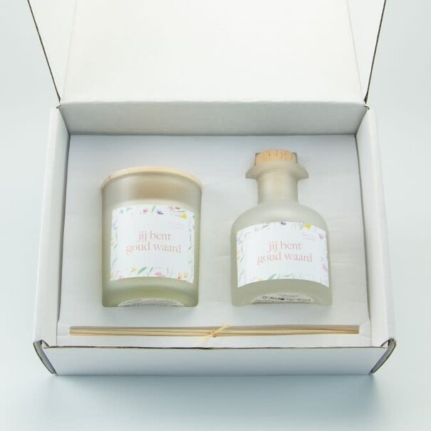 Luxegiftbox Geurkaars & Diffuser Gevuld - Simply The Best (Frosted Wit)