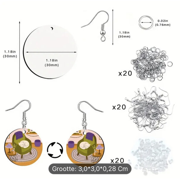 Sublimatie - Set van 20 blanco oorbellen rond