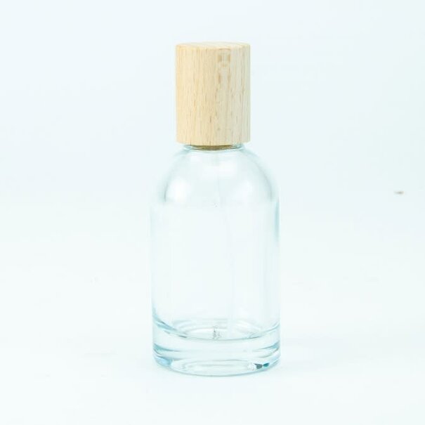 Glazen roomsprayflesje met houten dop 50ml - Transparant