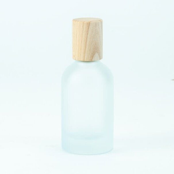 Glazen roomsprayflesje met houten dop 50ml - Frosted Wit