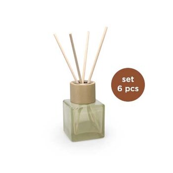 Set/6 kubus COTTON glazen flesjes met NATUREL top + geurstokjes