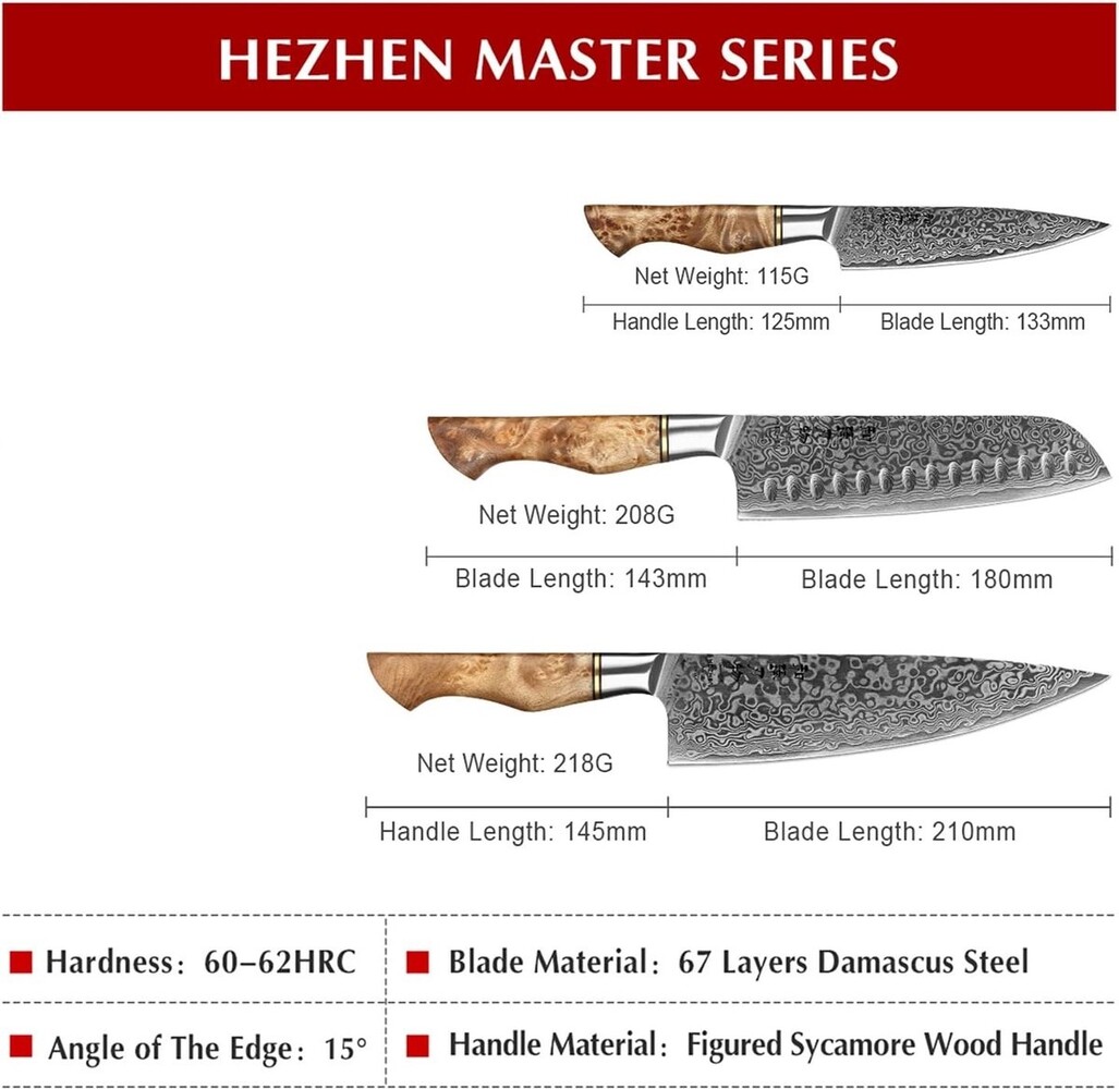 Hezhen Damascus messenset 3-delig - B30 Master series