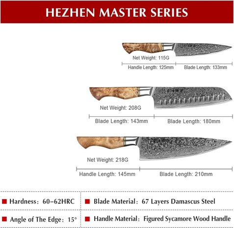 Hezhen Damascus messenset 3-delig - B30 Master series