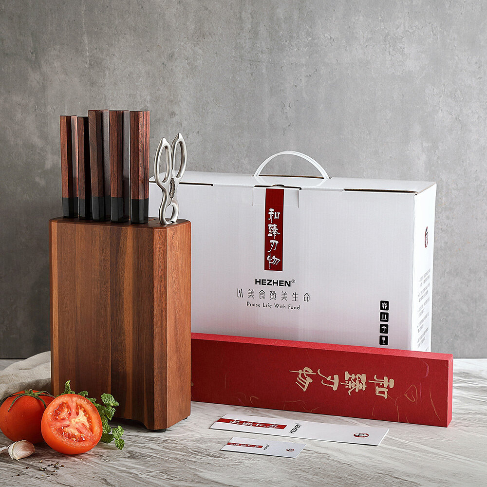 Hezhen Composietstalen messenset met blok 7-delig - PM8S Retro series Hezhen Composietstalen messenset met blok 7-delig - PM8S Retro series