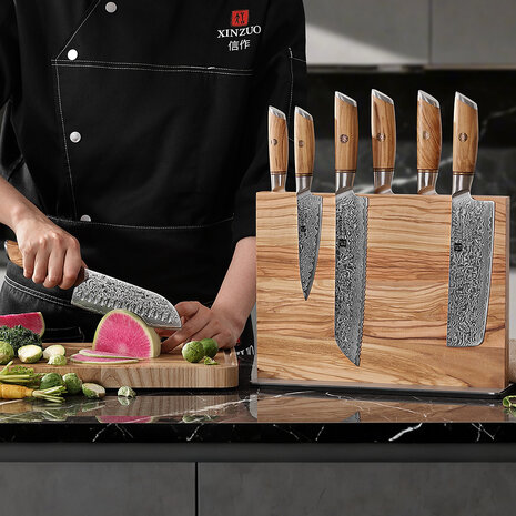 XinZuo Dubbelzijdig Magnetisch Messenblok - Olijfhout