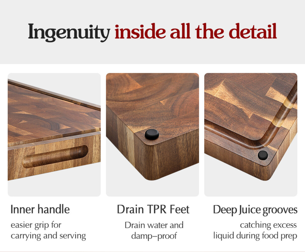 XinZuo Snijplank Acaciahout 49x36x3.8cm met anti-slip voetjes en sapgeul