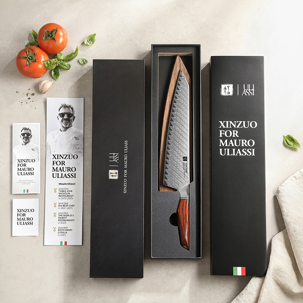 XinZuo Damascus koksmes 26cm - X03 Xing Series - XinZuo x Mauro Uliassi (3-sterren Michelin chef) XinZuo Damascus koksmes 26cm - X03 Xing Series - XinZuo x Mauro Uliassi (3-sterren Michelin chef)