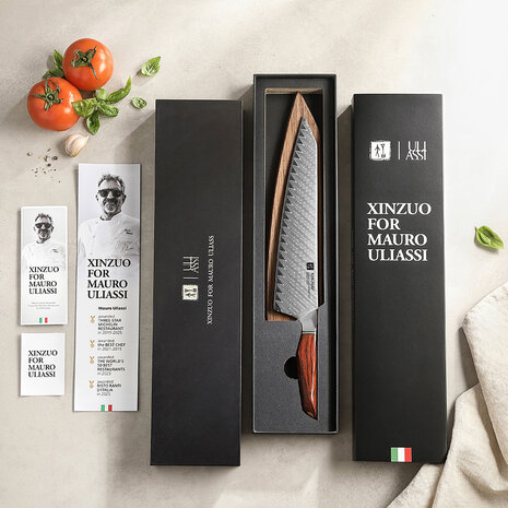 XinZuo Damascus koksmes 26cm - X03 Xing Series - XinZuo x Mauro Uliassi (3-sterren Michelin chef) XinZuo Damascus koksmes 26cm - X03 Xing Series - XinZuo x Mauro Uliassi (3-sterren Michelin chef)