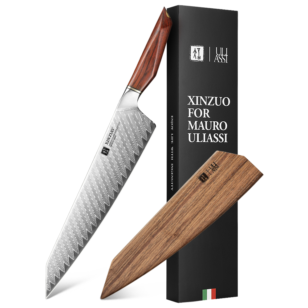 XinZuo Damascus koksmes 26cm - X03 Xing Series - XinZuo x Mauro Uliassi (3-sterren Michelin chef) XinZuo Damascus koksmes 26cm - X03 Xing Series - XinZuo x Mauro Uliassi (3-sterren Michelin chef)