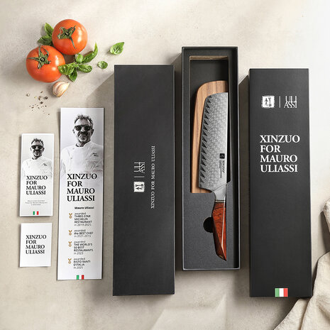XinZuo Damascus nakiri mes 18.5cm - X03 Xing Series - XinZuo x Mauro Uliassi (3-sterren Michelin chef) XinZuo Damascus nakiri mes 18.5cm - X03 Xing Series - XinZuo x Mauro Uliassi (3-sterren Michelin chef)