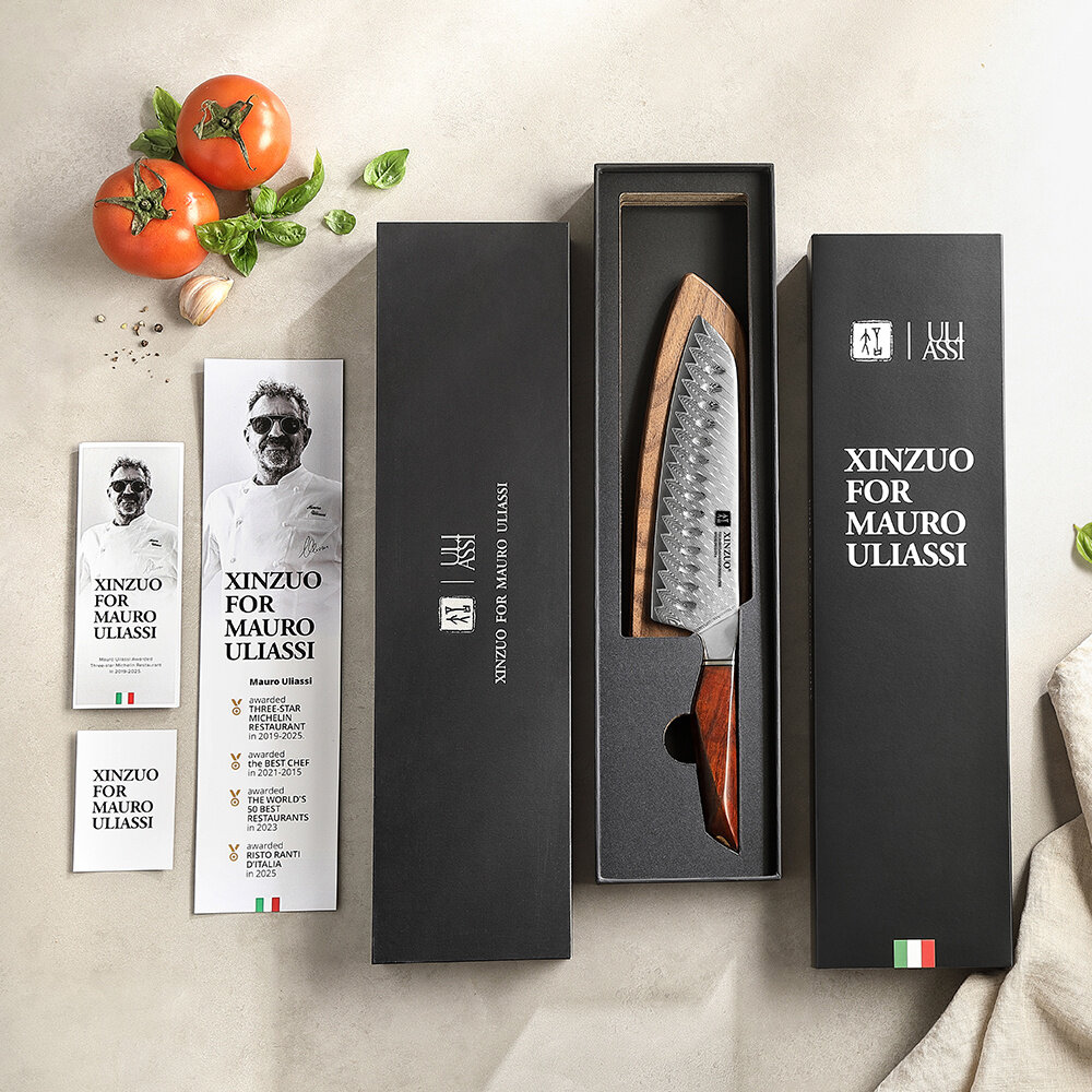 XinZuo Damascus santokumes 18.5cm - X03 Xing Series - XinZuo x Mauro Uliassi (3-sterren Michelin chef) XinZuo Damascus santokumes 18.5cm - X03 Xing Series - XinZuo x Mauro Uliassi (3-sterren Michelin chef)