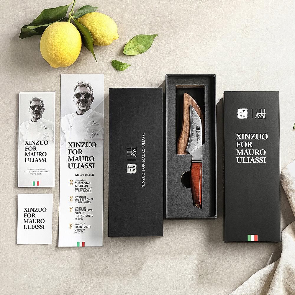 XinZuo Damascus schilmes 8cm - X03 Xing Series - XinZuo x Mauro Uliassi (3-sterren Michelin chef) XinZuo Damascus schilmes 8cm - X03 Xing Series - XinZuo x Mauro Uliassi (3-sterren Michelin chef)