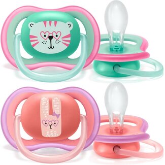 Philips Avent Philips Avent Ultra Air Fopspeen Roze/Groen Poes/Konijn 18m+