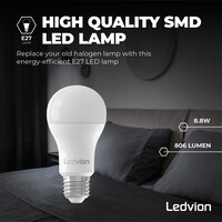 Ledvion Żarówka LED E27 z możliwością ściemniania — 8,8 W — 6500 K — 806 lumenów