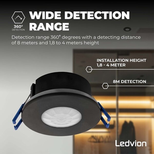 Ledvion Czujnik ruchu do wbudowania Czarny 360° z wyłącznikiem zmierzchowym o zasięgu 8m Maksymalnie 600 W IP65