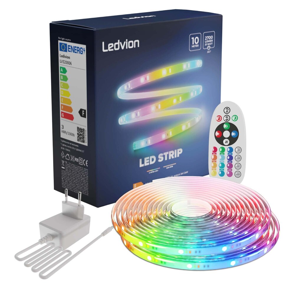 Ledvion Ściemnialna taśma LED – 10 metrów – RGB + 3000K – 24V – 23W