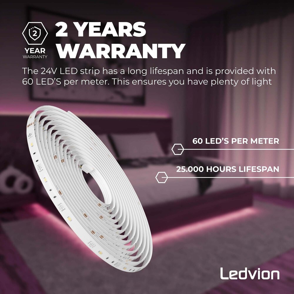 Ledvion Ściemnialna taśma LED – 10 metrów – RGB + 3000K – 24V – 23W